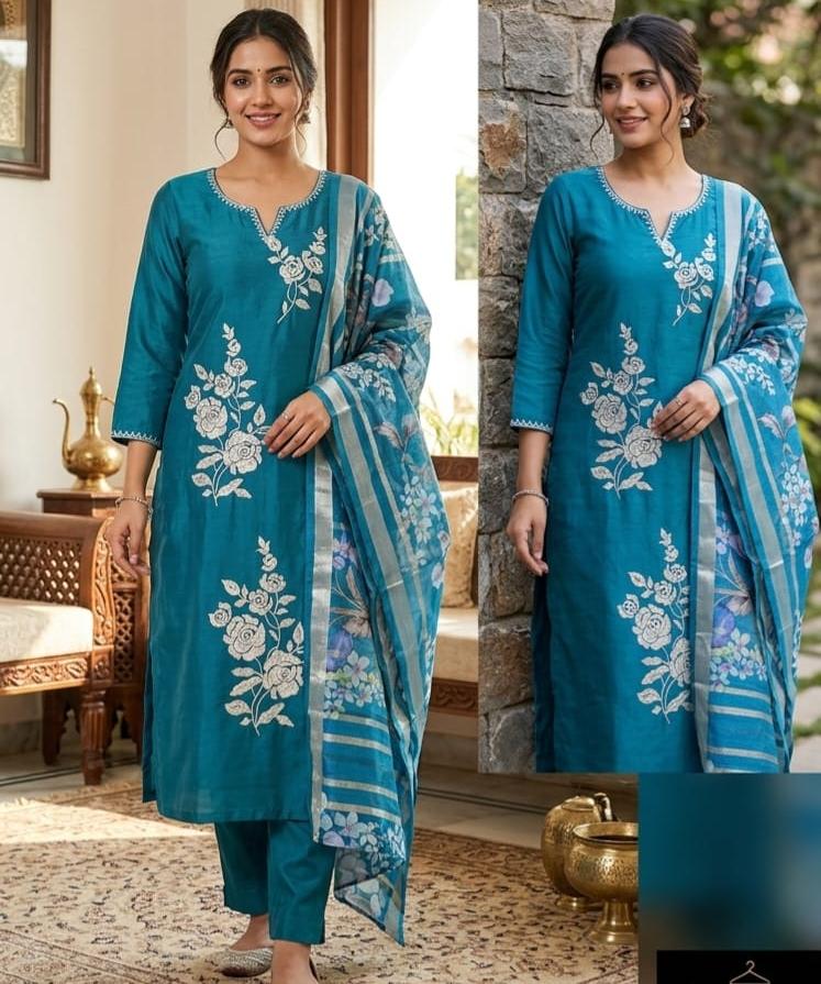 Teal Blossom Grace Silk Suit Set