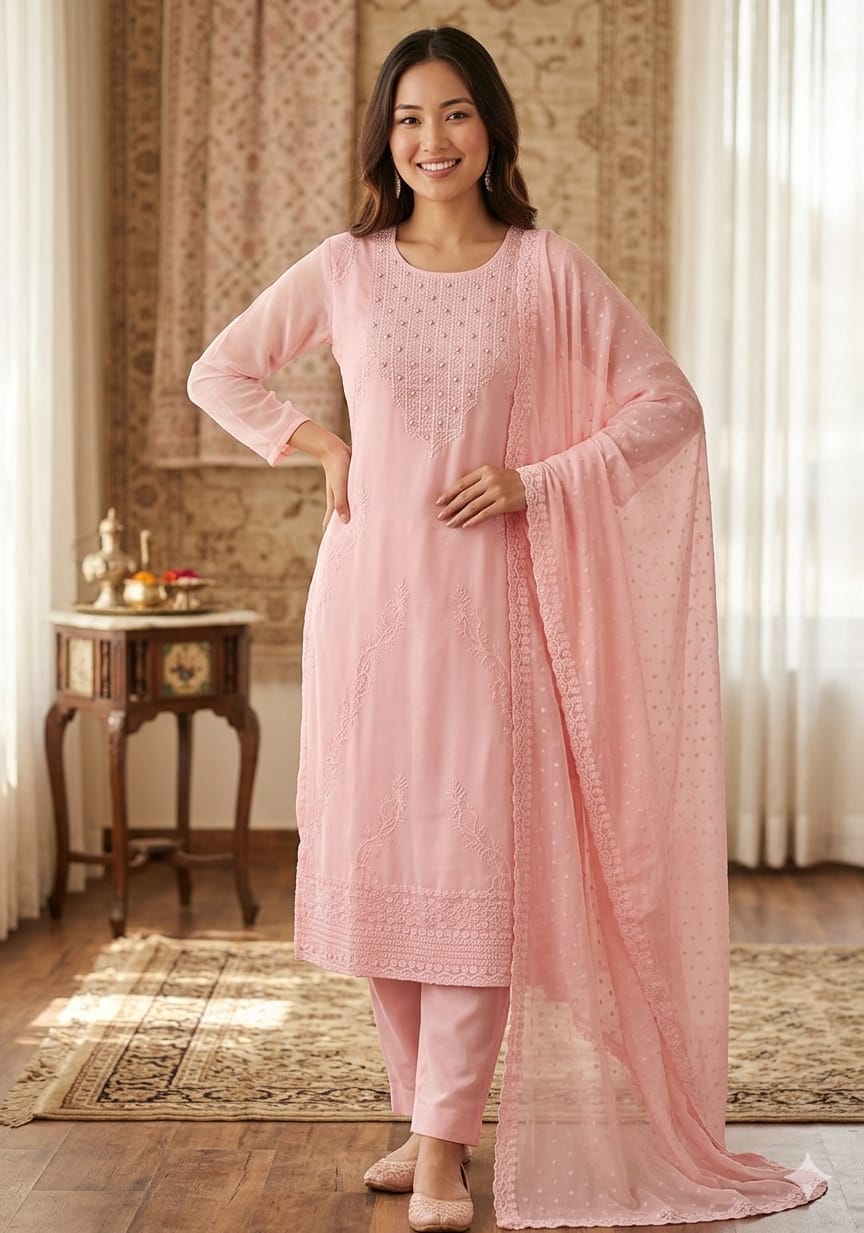 Pure Georgette Chickenkari 3-Piece Suit
