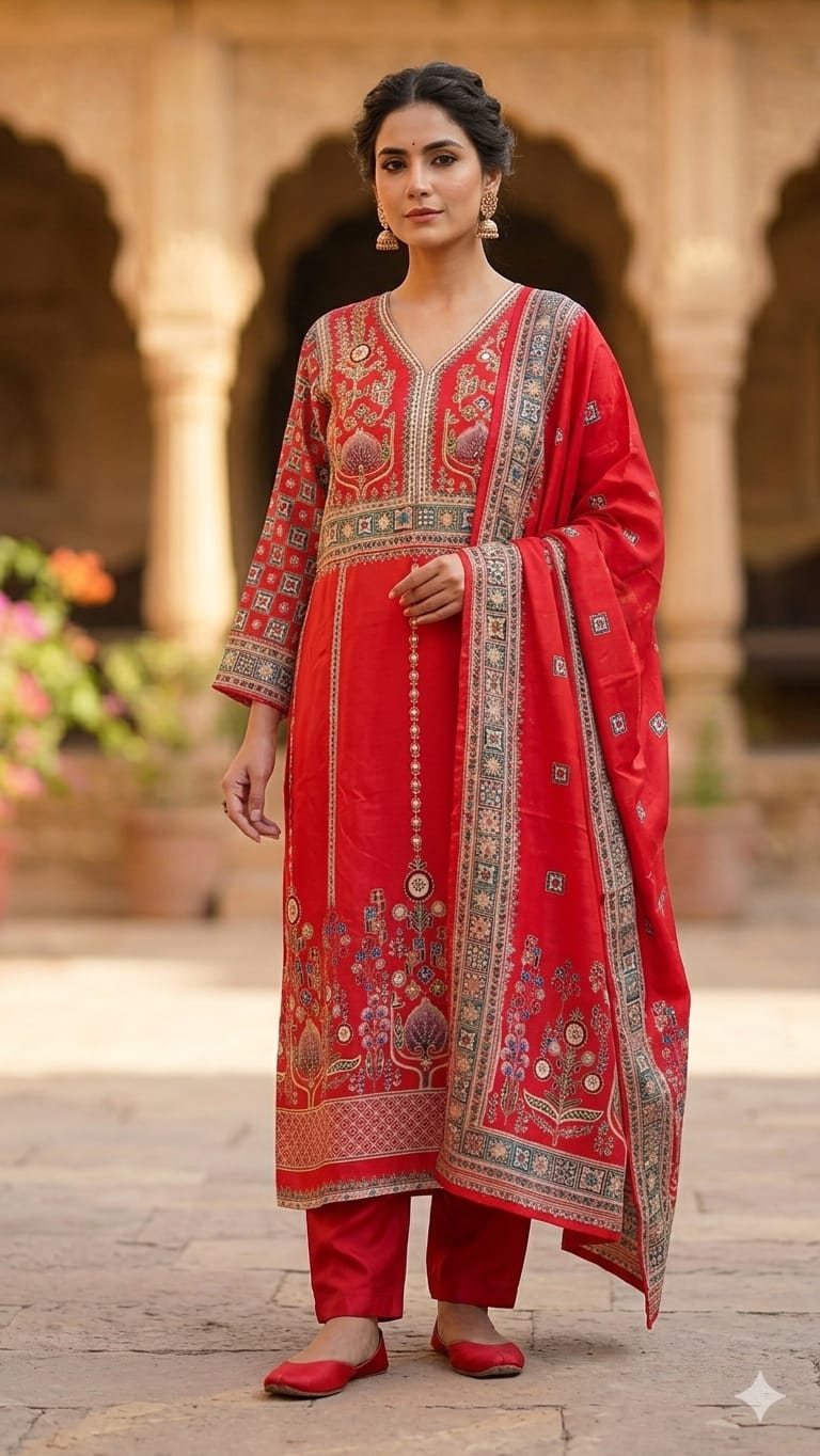 Scarlet Bloom Hand-Embroidered Crepe Kurta set