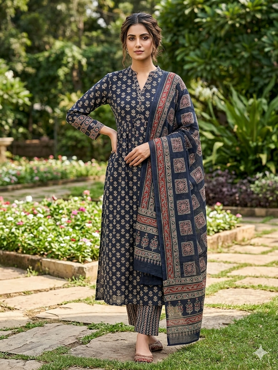 Elegant Pure Cotton Ajrakh Print 3-Piece Gown Set