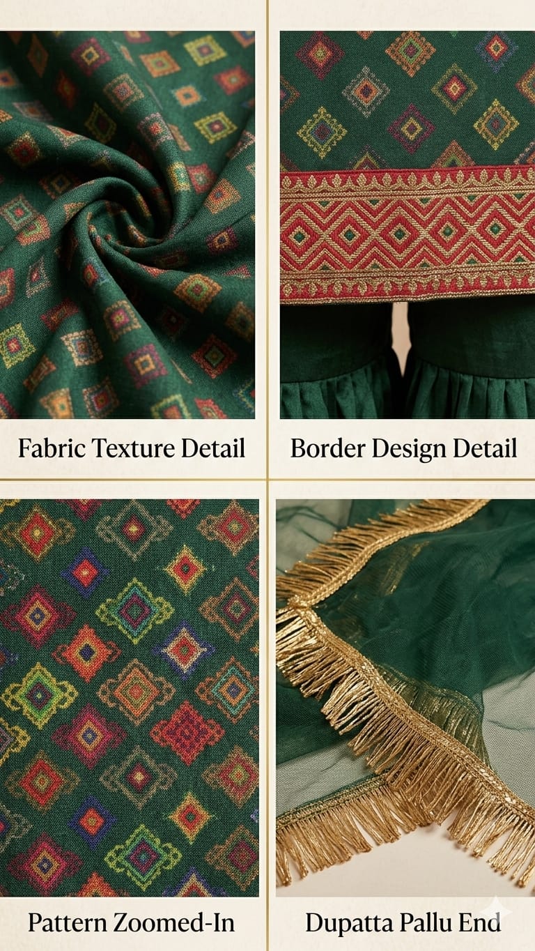 Emerald Green Sharara Set & Gold Fringe Dupatta