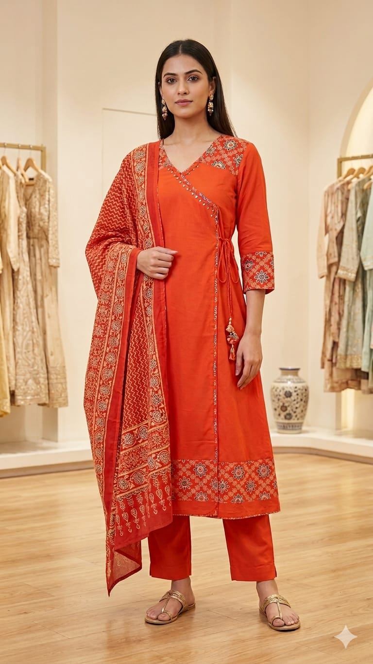 Rust Orange Angrakha A-Line 3 Piece Suit Set