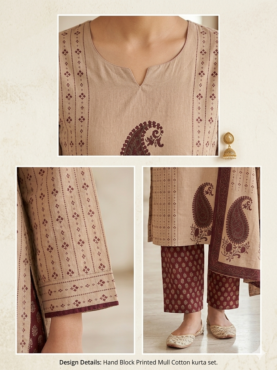 Pure Mull Cotton Kurti Pant Dupatta Set