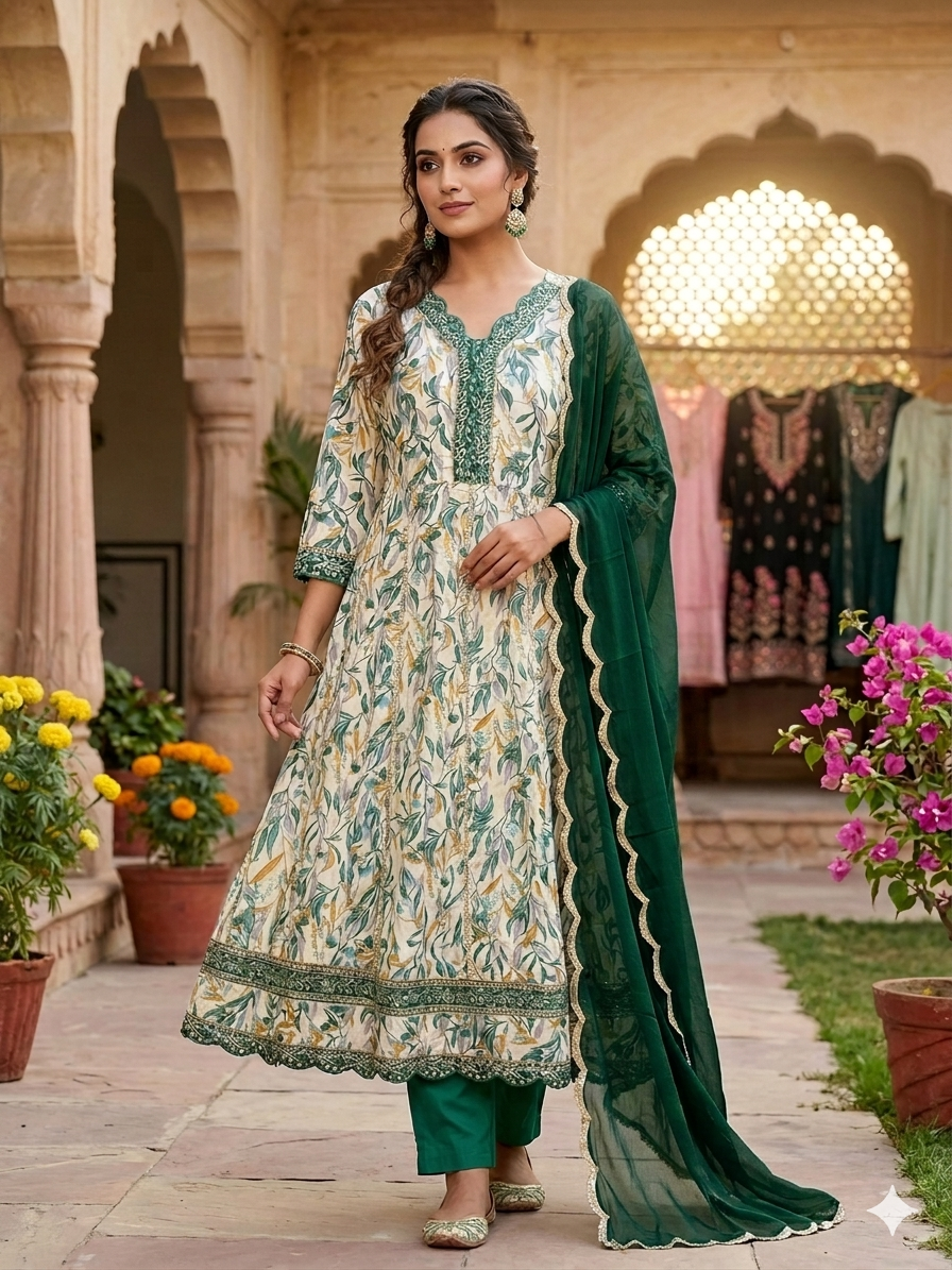 Anarkali Three Piece Set With Chiffon Dupatta