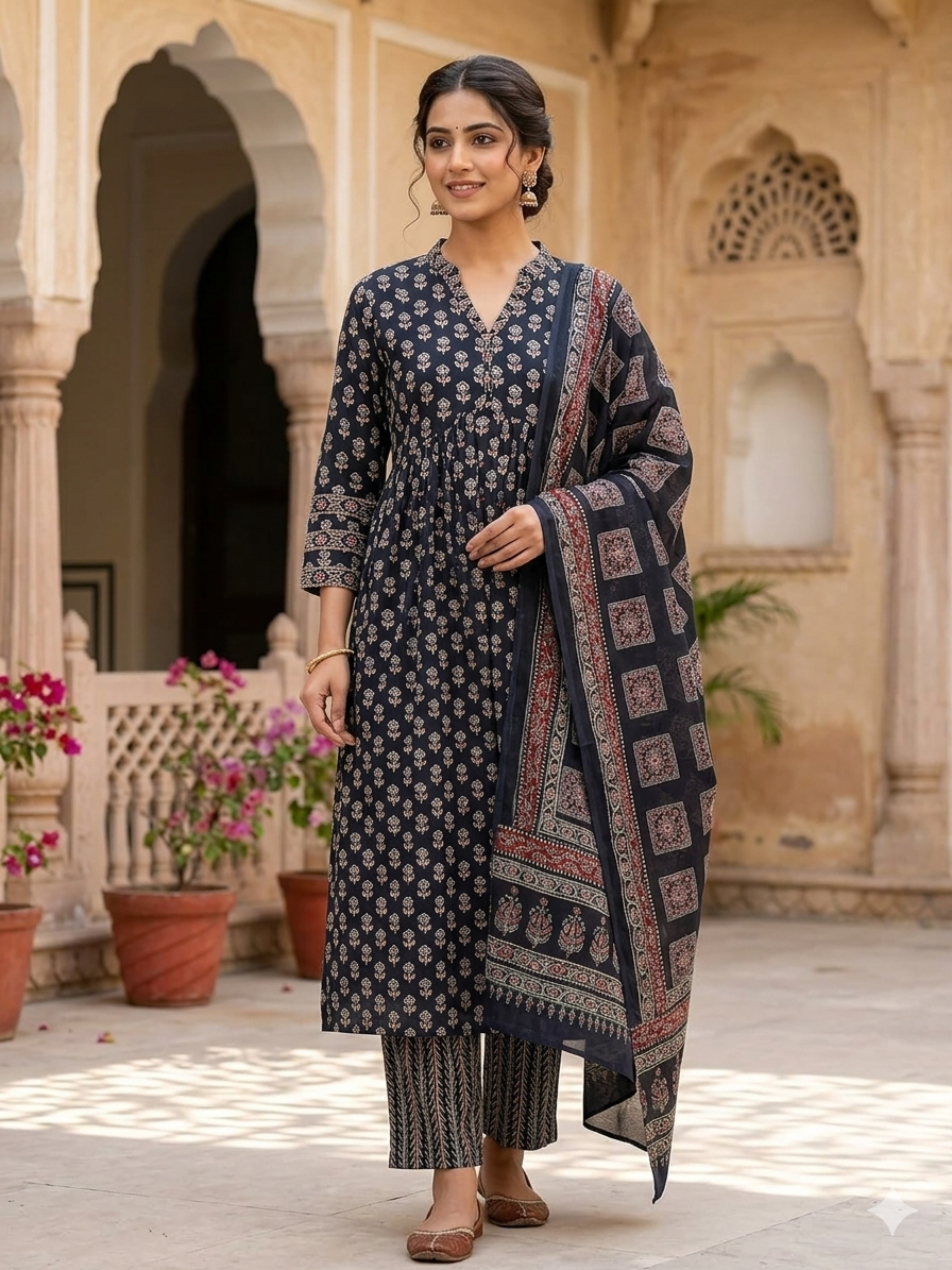 Elegant Pure Cotton Ajrakh Print 3-Piece Gown Set