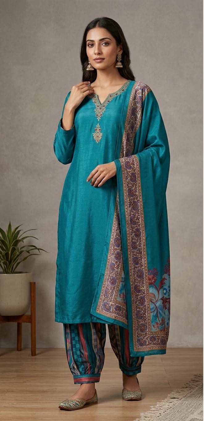 Silk Kurta Set with Afghani Bottom