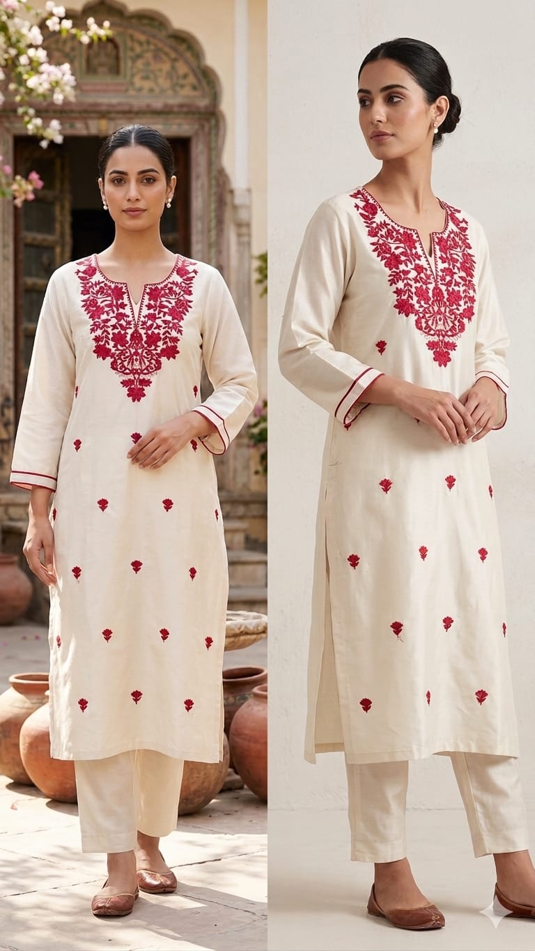 Khadi Cotton Kurta Set with Embroidered Neckline