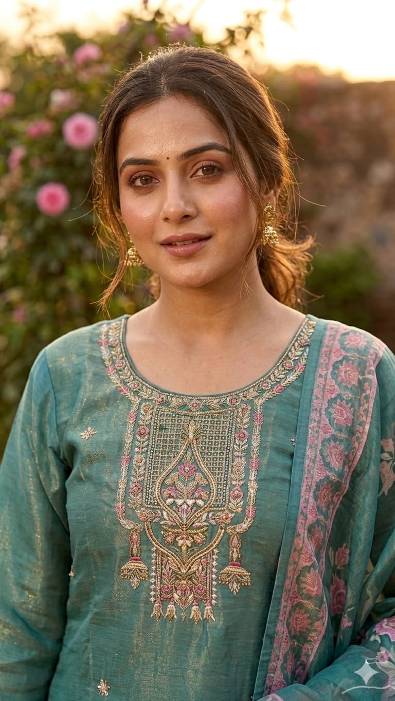 Teal Blossom Chanderi Kurta Set