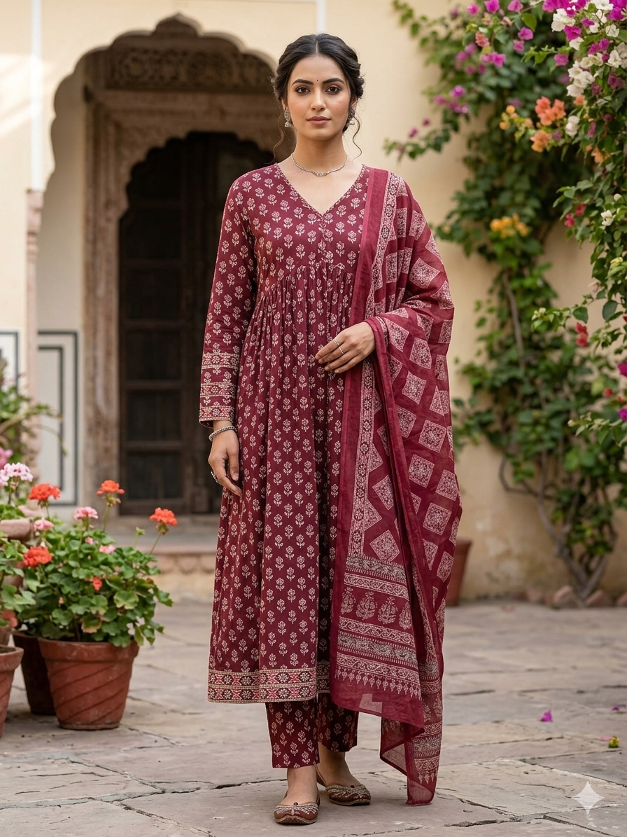 Elegant Pure Cotton Ajrakh Print 3-Piece Gown Set