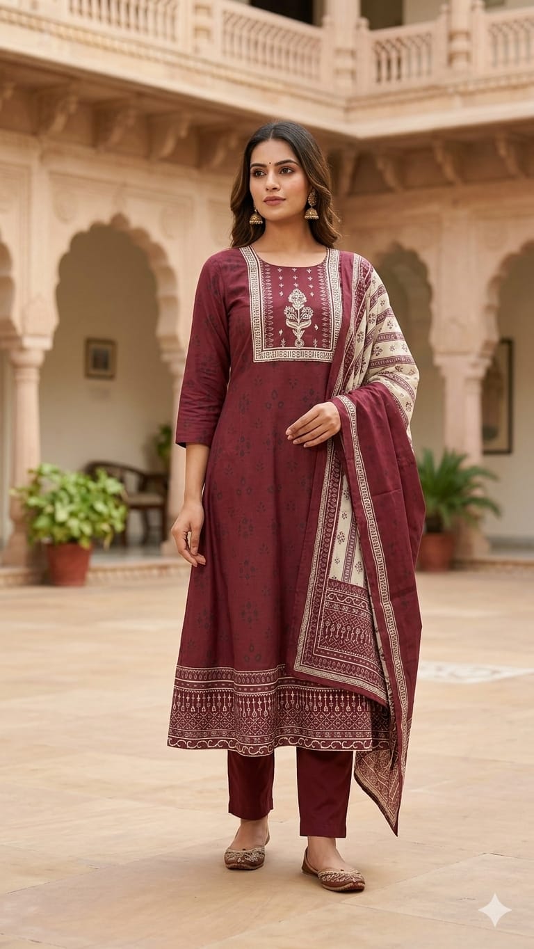 Royal Silk A-Line Suit Set with Embroidered Yoke