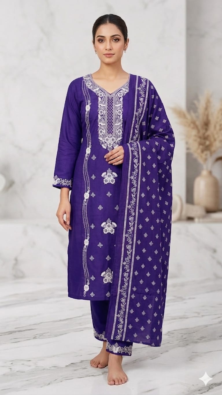Cotton Chikankari Embroidered 3-Piece Set