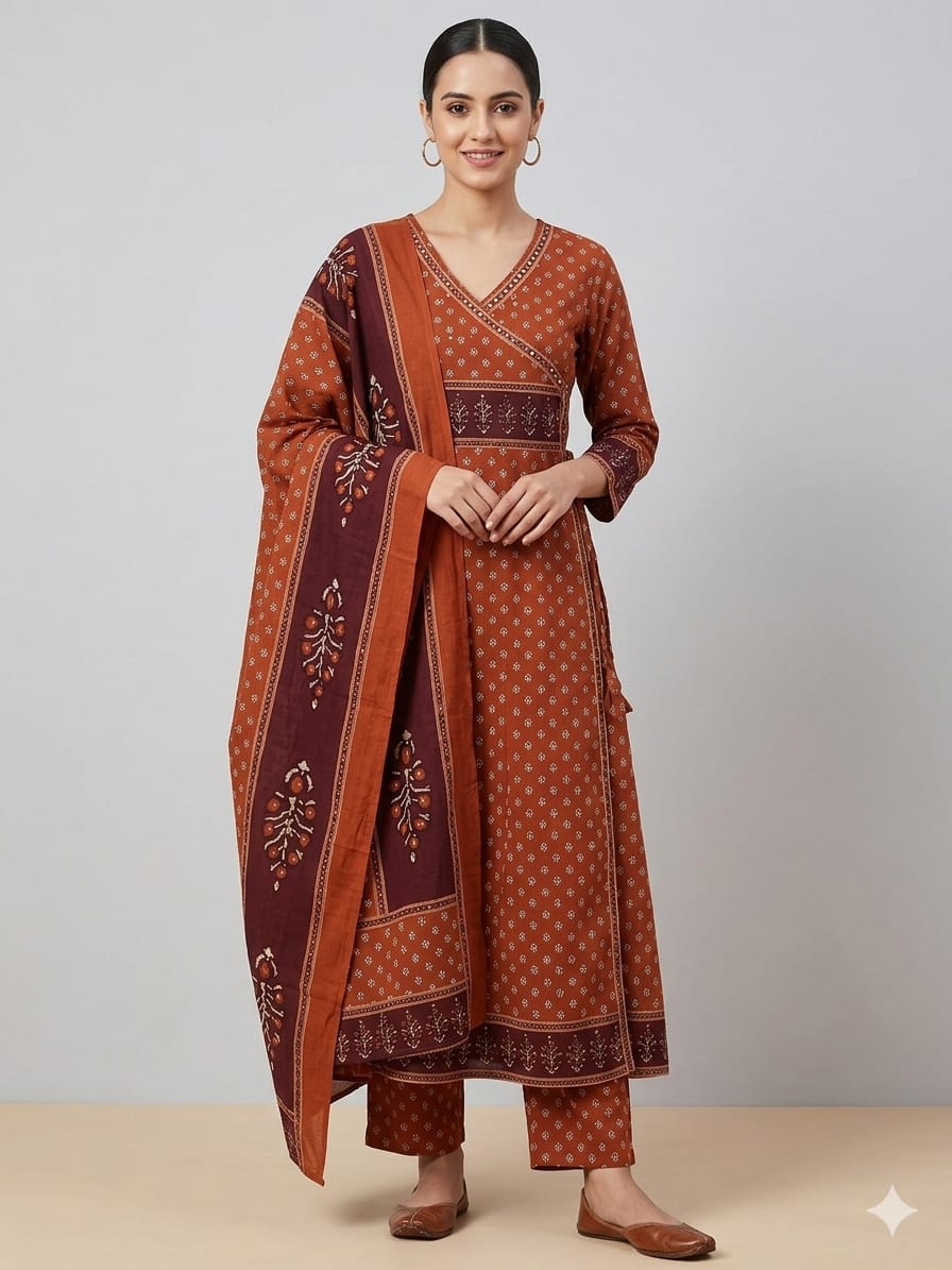 Premium Pure Mull Cotton Angrakha 3-Piece Suit Set