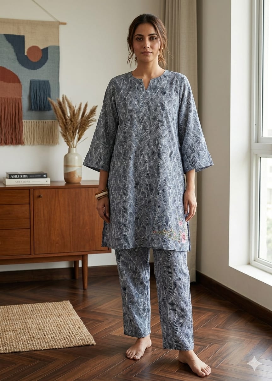 Blue Flower Print Kurta set