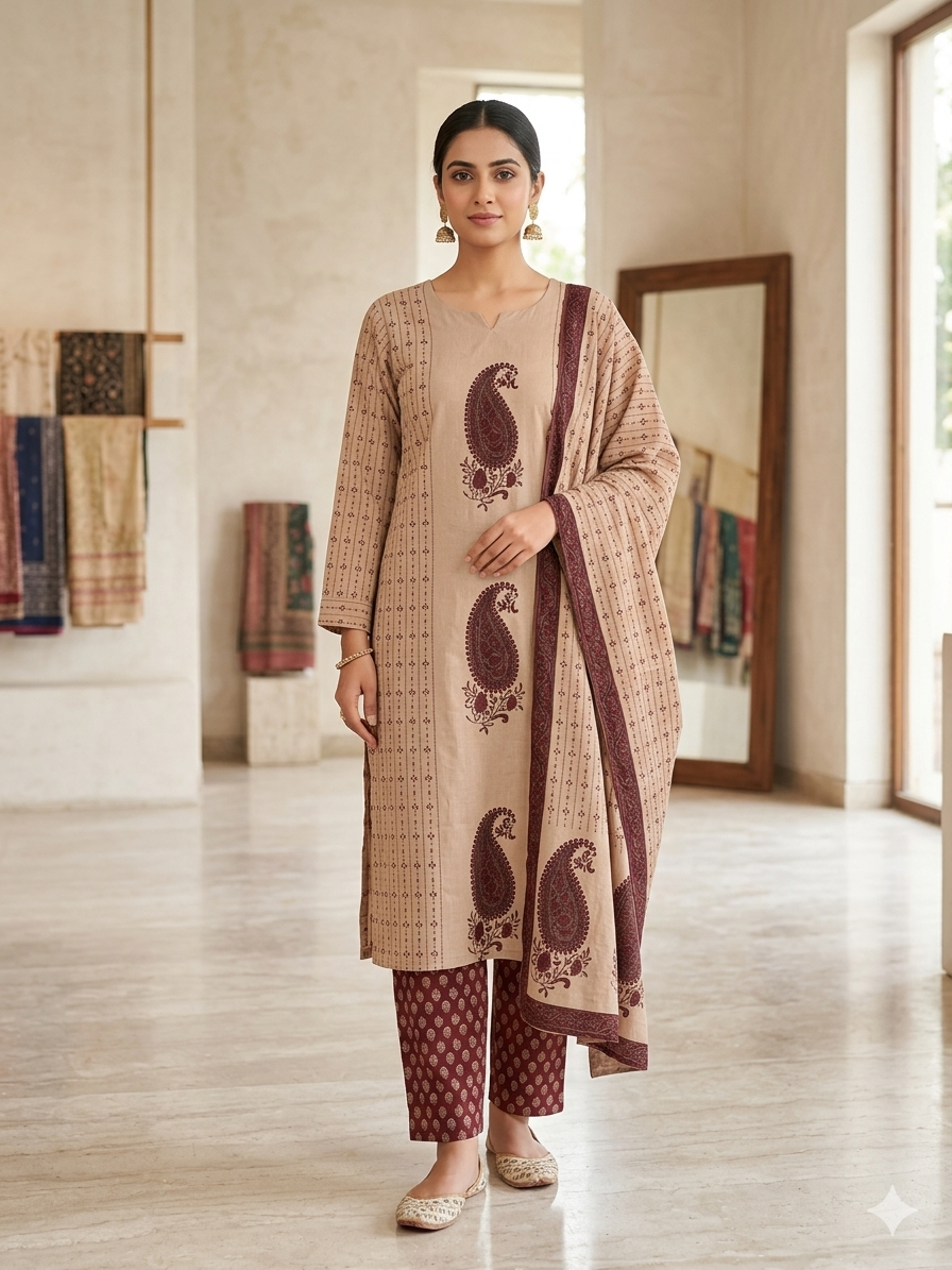 Pure Mull Cotton Kurti Pant Dupatta Set