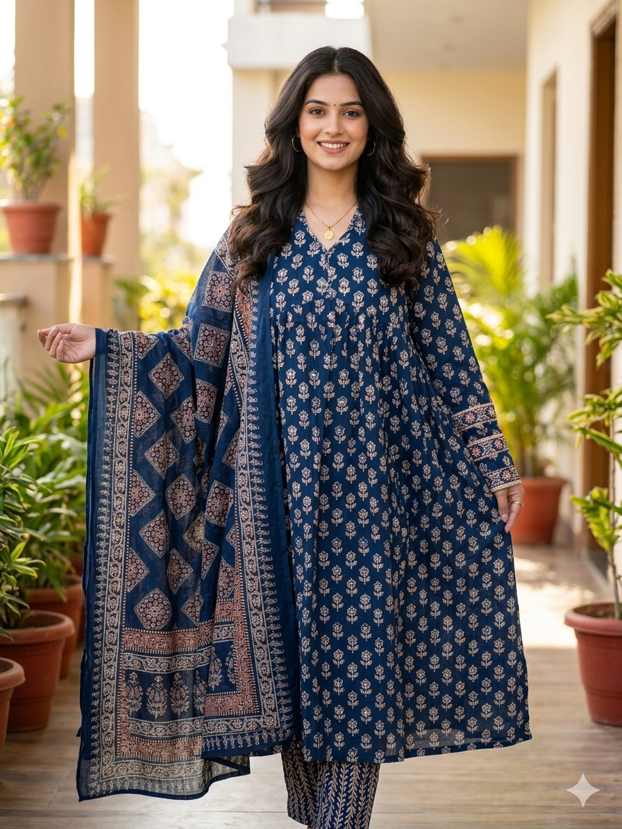 Elegant Pure Cotton Ajrakh Print 3-Piece Gown Set