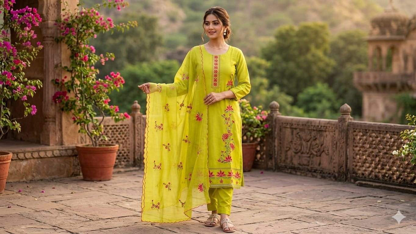 Lime Green Silk Kurta Set with Embroidery