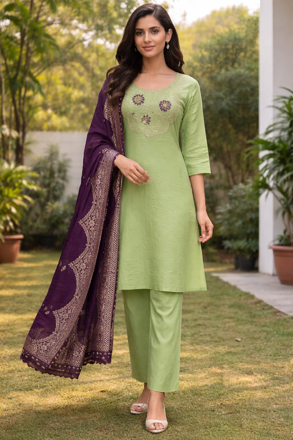 Pista Green Kurta Set with Pure Banarasi Dupatta