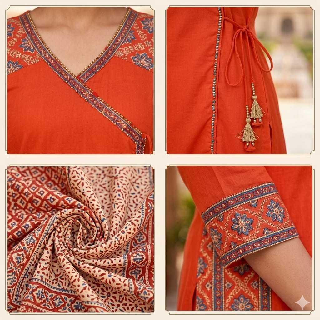 Rust Orange Angrakha A-Line 3 Piece Suit Set