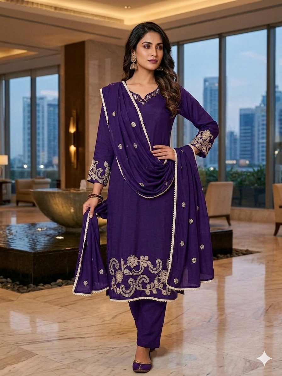 Mul Chanderi Embroidery Set