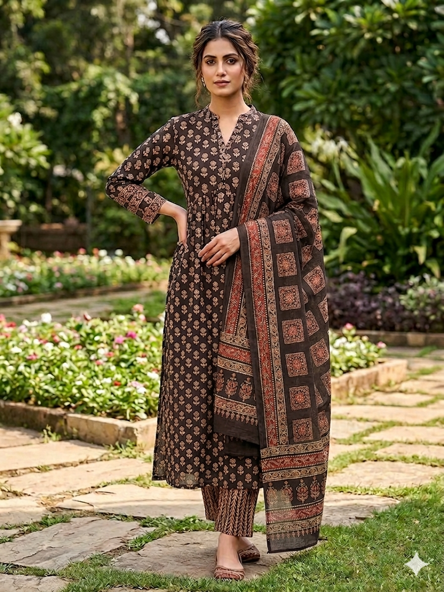 Elegant Pure Cotton Ajrakh Print 3-Piece Gown Set